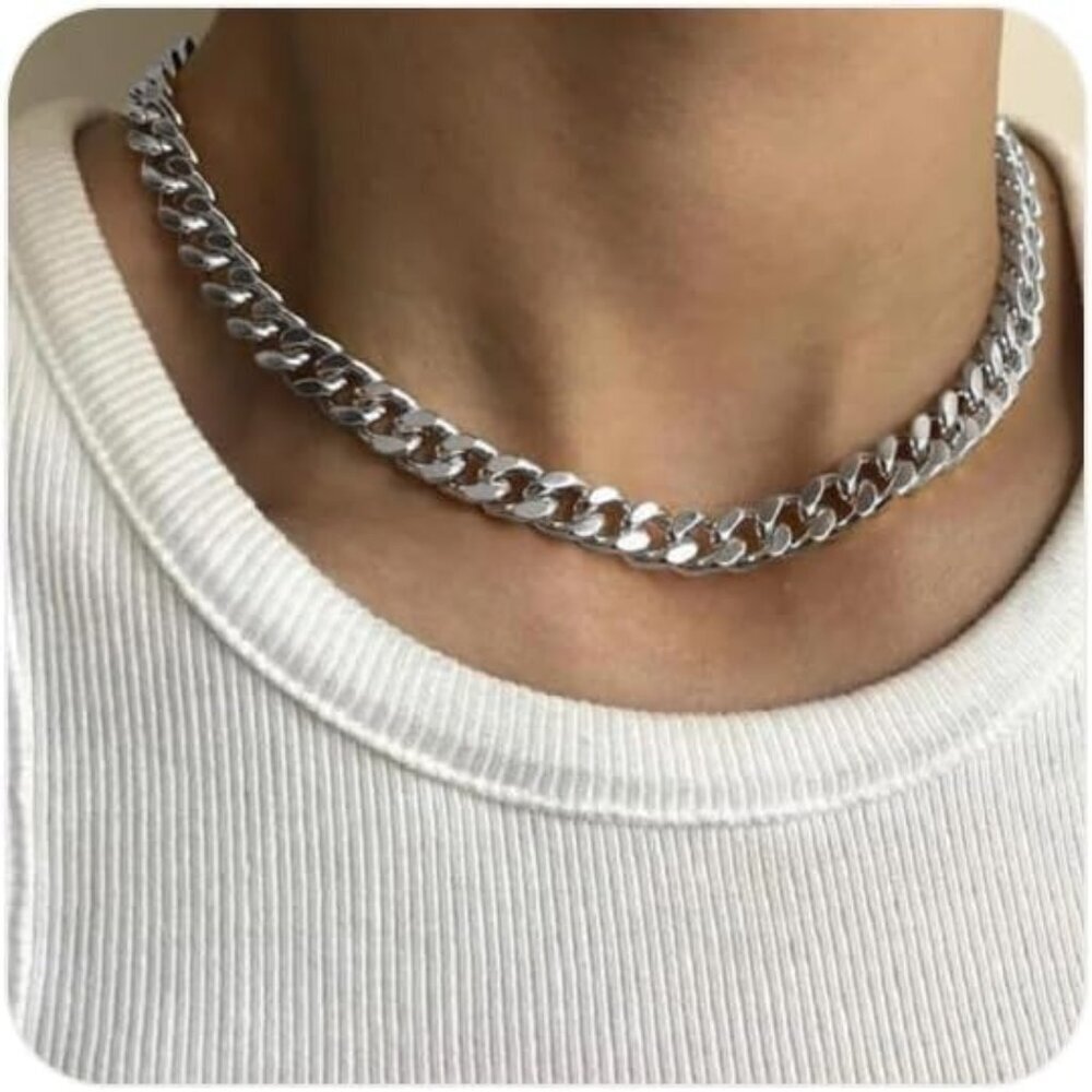 Unisex 18K 12mm Silver Cuban Link Chain Necklace - Punk Hip Hop Christmas Gift